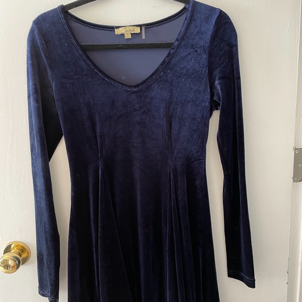 Dark Blue Velvet V-Neck party dress